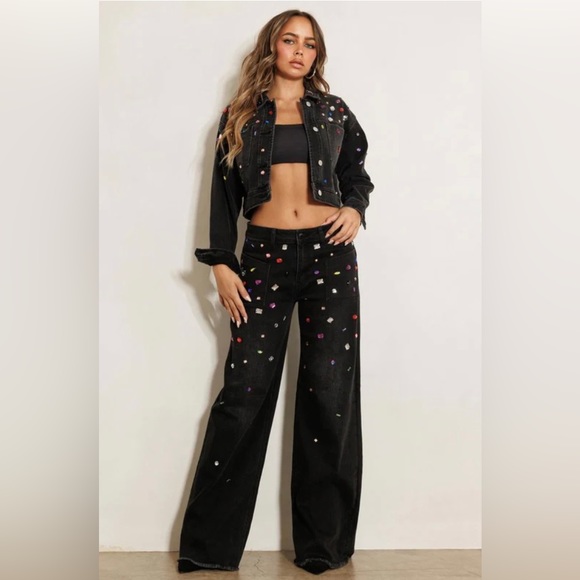 VBRT set of bedazzled jewel wide leg jeans and matching gem jean cropped jacket - Picture 1 of 10